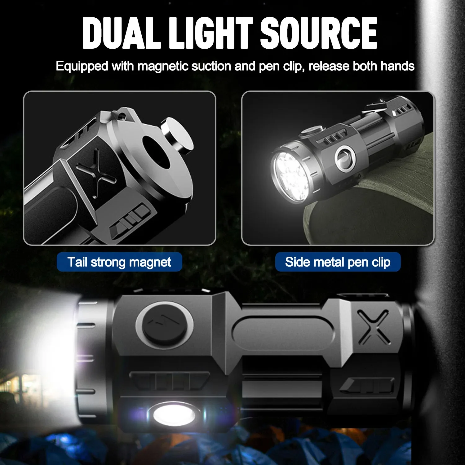 Most Powerful 4/6/8*P35 LED Flashlight Portable Mini Flashlights USB Rechargeable Torch with Tail Magnet Waterproof Work Light