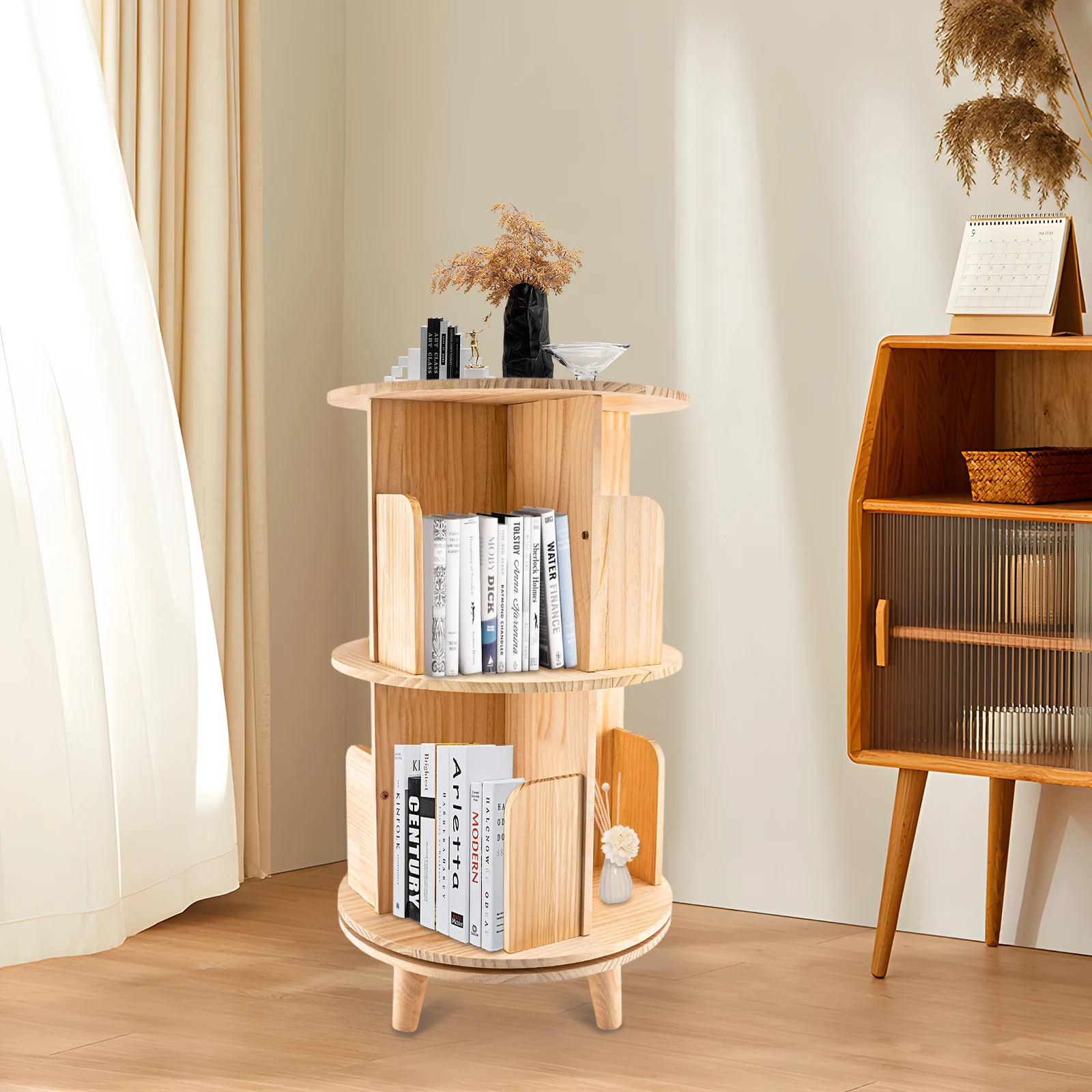 

2 Tiers 360° Rotatable Wood Bookshelf Storage Cylindrical Display Shelf Freestanding Bookcases & Shelving Living Room Furniture