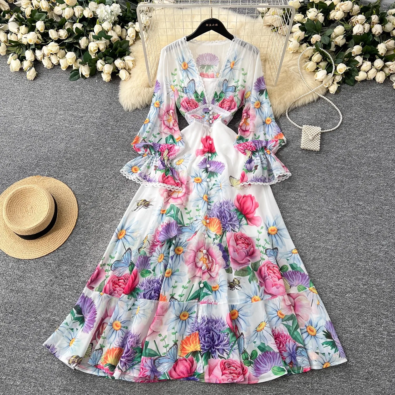 

Summer Elegant V Neck Flare Sleeve Long Dresses Holiday Flower Print Evening Party Club Beach Robe Chiffon Clothing Vestidos
