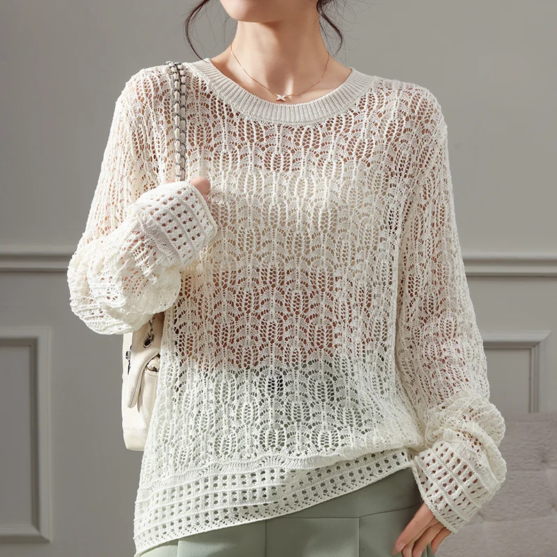 Summer loose long sleeved knitted sweater women's hollow out casual comfortable linen top round neck thin jacket pullover