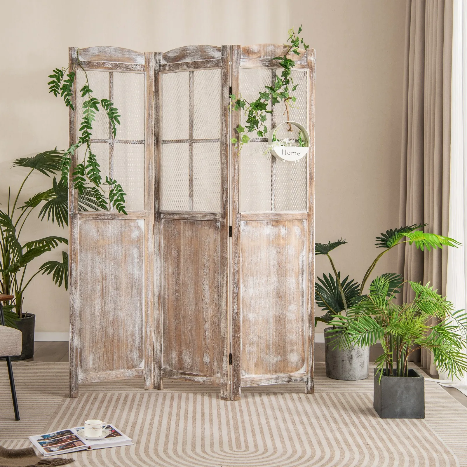 3-Panel Folding Room Divider Natural Rustic Paulownia Wood Frame Divider Screen