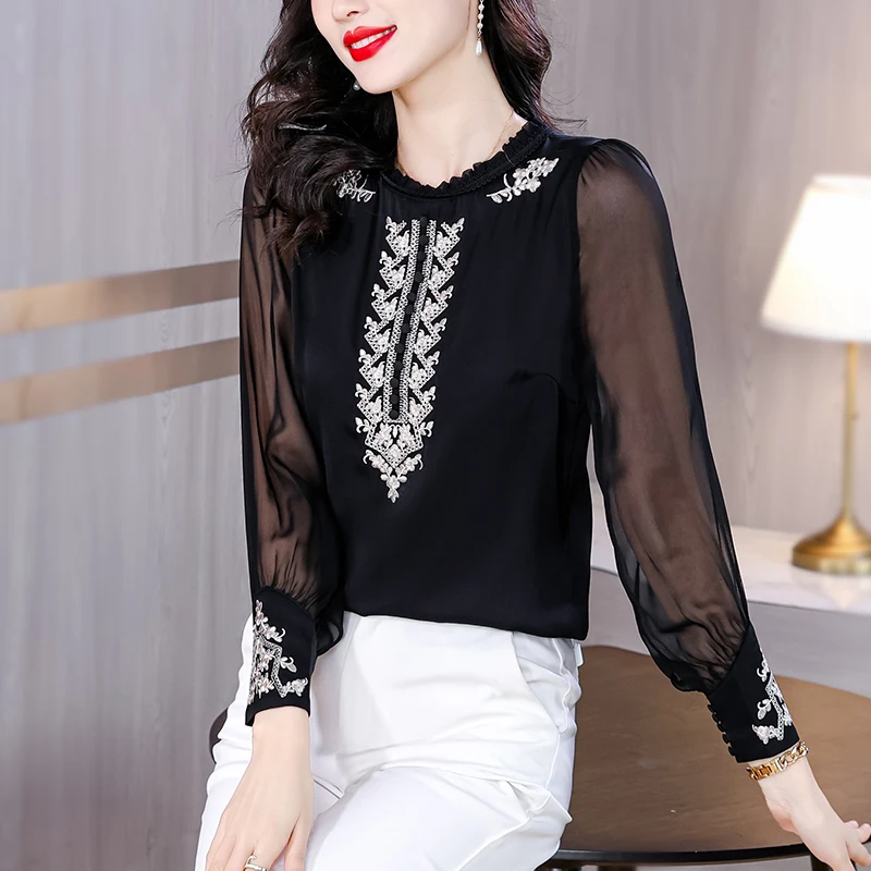 Spring Autumn Women\'s Solid Ruffled Neck Chiffon Button Lace Embroidered Lantern Long Sleeve T-shirt Casual Fashion Elegant Tops