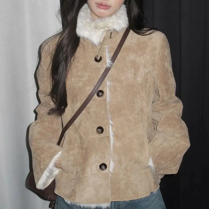 Korean Plush Jacket Design Female Students 2024 Autumn Winter New Slim-Fitting Stand-Up Collar Warm Fur One-Piece Top