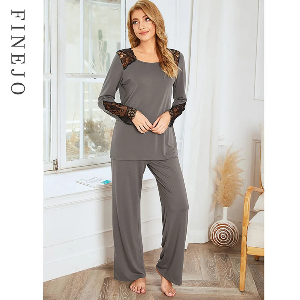 Pyjama en dentelle à manches longues pour femmes, pull imbibé, pantalon adt, vêtements de nuit à la mode, monochromatique et doux, automne et hiver, 2 pièces