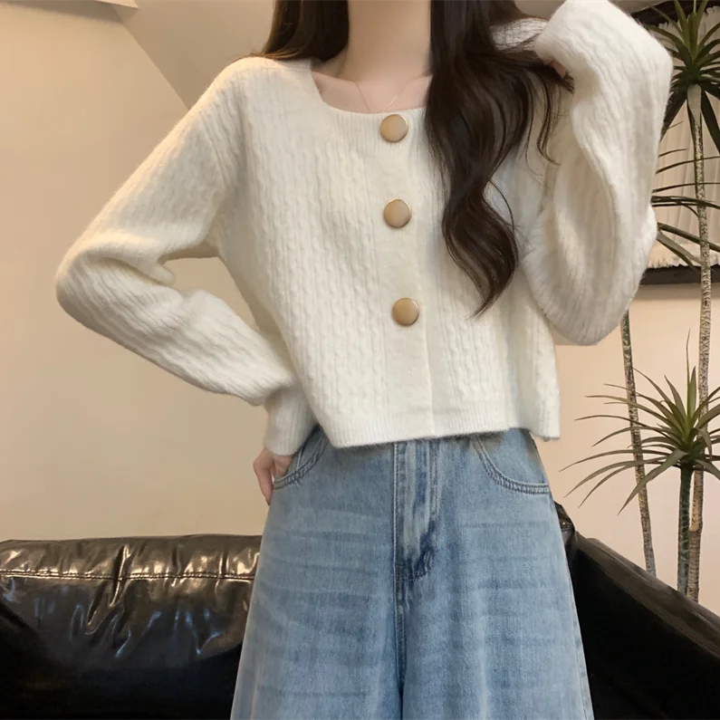 Square Neck Knitted Sweater Cardigan 2024 Autumn New Short Coat Women'S Loose Niche Design Soft Waxy Long-Sleeved Top