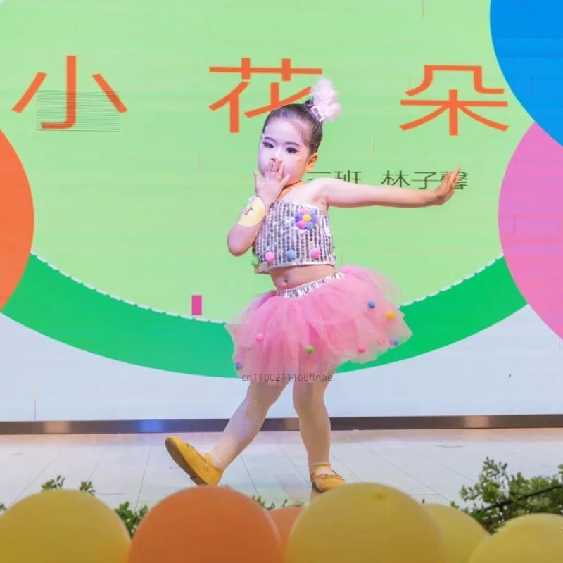 Детский костюм для выступлений, джазовый танец, пышная юбка принцессы, танцевальный фестивальный костюм для детского сада с головным убором