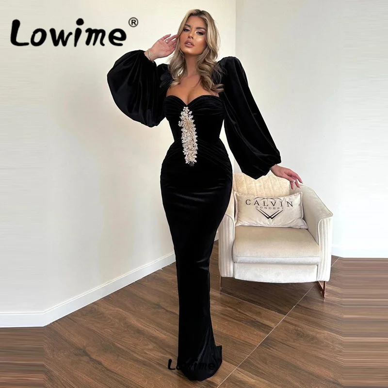 Arabic Style Black Velvet Mermaid Evening Dress Puffy Long Sleeve Crystal Formal Party Gowns Dubai Middle East Prom Dresses Robe