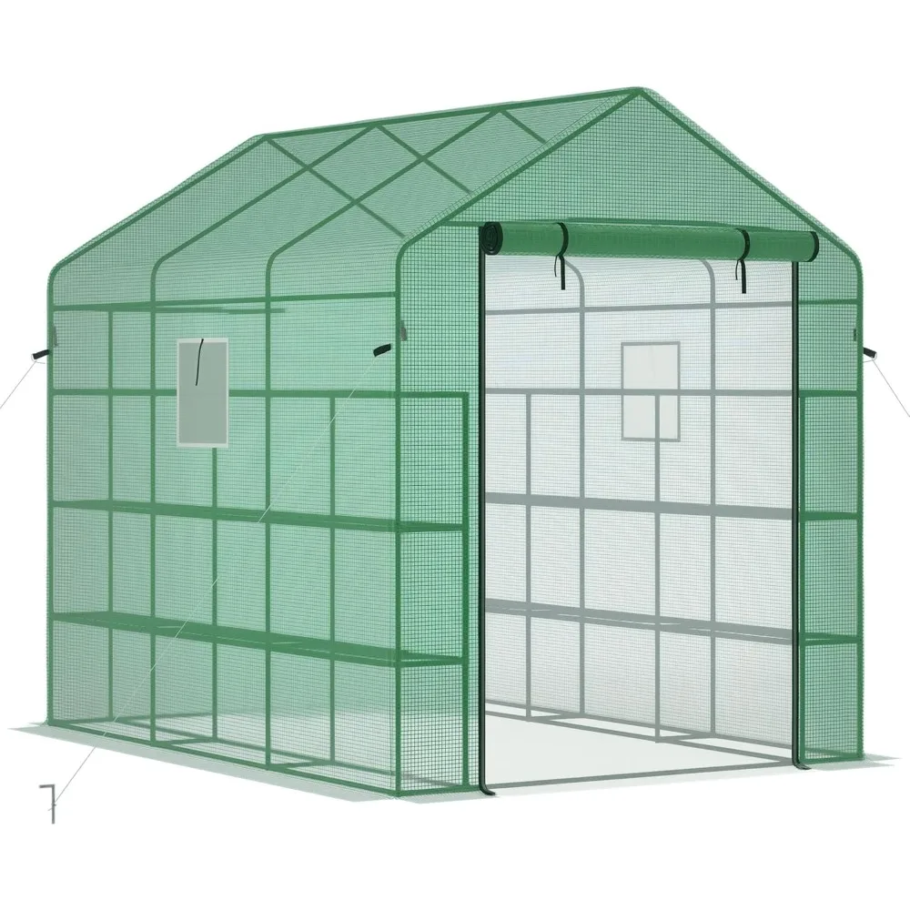 

8' x 6' x 7' Walk-in Greenhouse with Mesh Door and Windows, 18 Shelf Green House with Trellis, Plant Labels, UV Protect