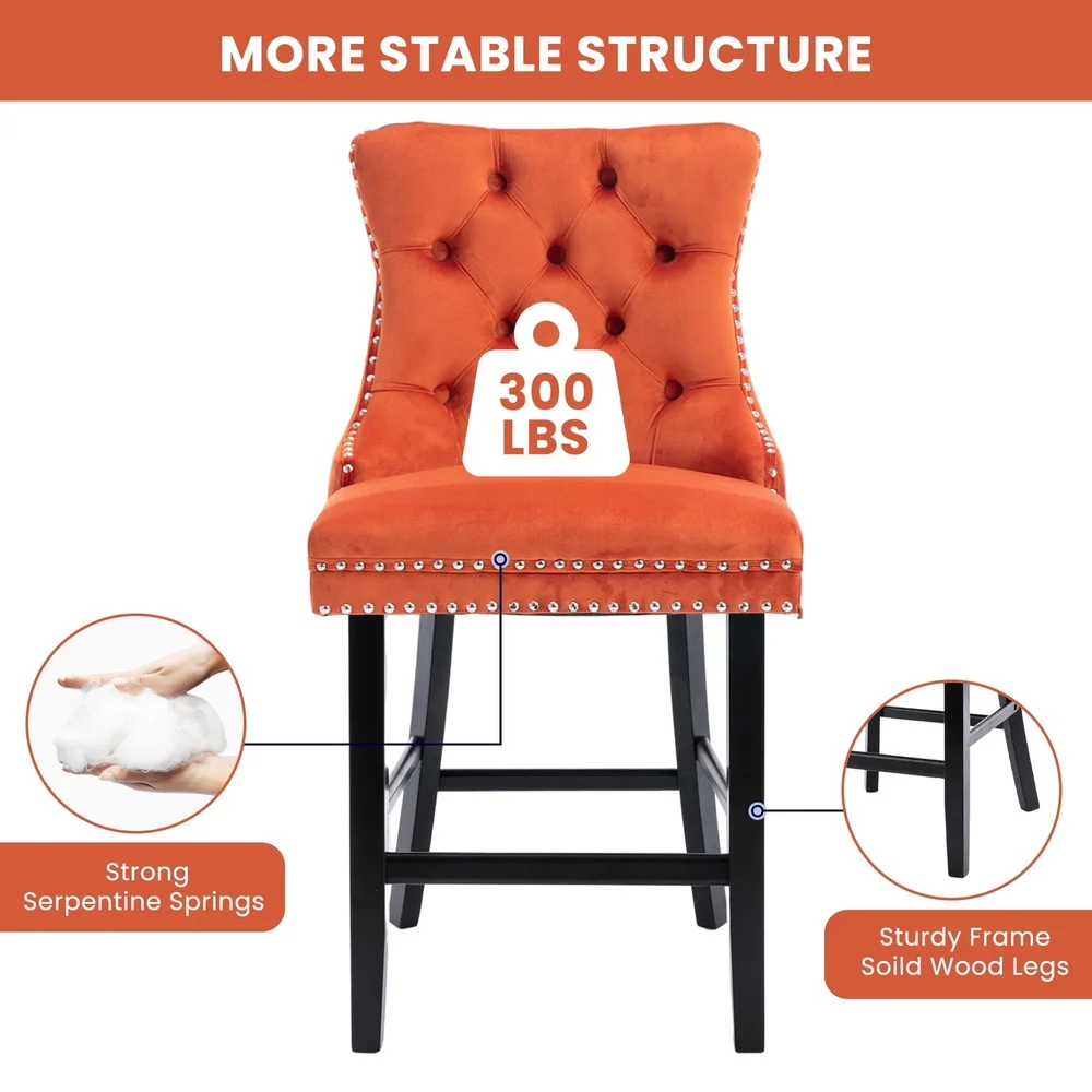 Upholstered Bar Stools Set of 2 Velvet Counter Height Chairs with Backrest Footrest Kitchen Dining Room Indoor Use