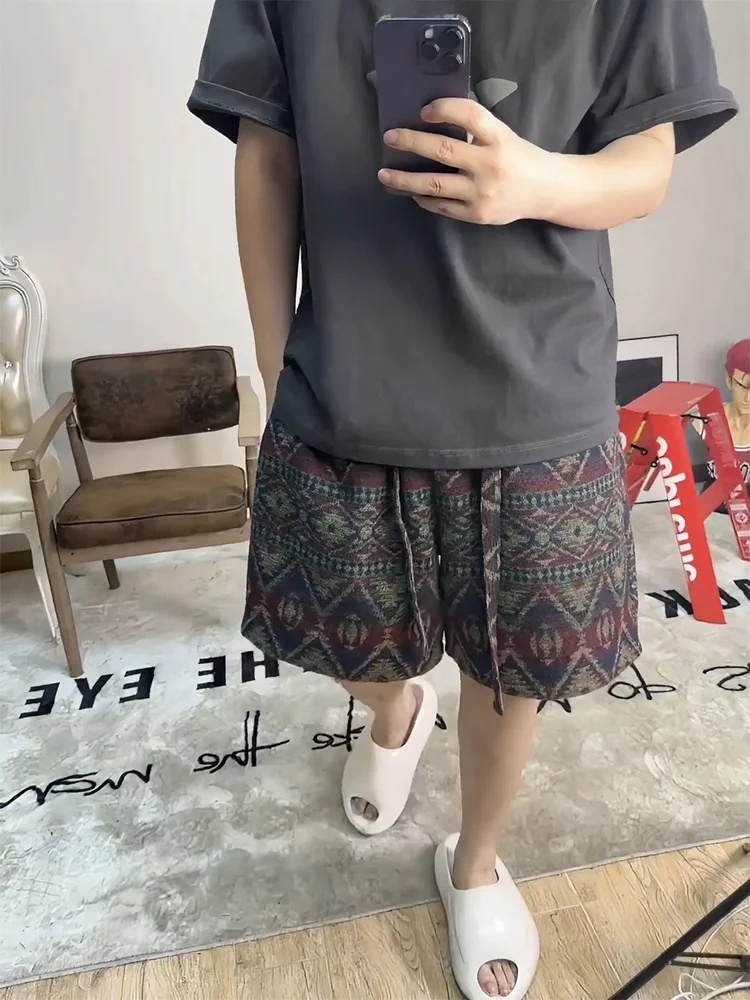 

Мужские летние вязаные брюки оверсайз в этническом винтажном стиле, дышащие, до середины икры, повседневные, молодежный тренд