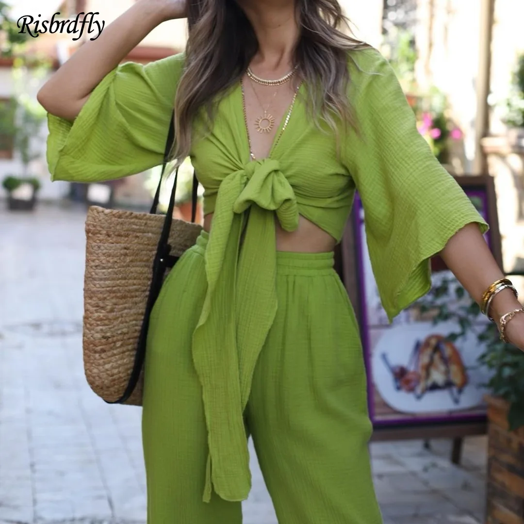 

Risbrdfly 2 Piece Sets Womens Outfits 2023 Autumn New Fashion Flared Sleeve Lace-up Shirt + High Waist Straight Trouser Suit
