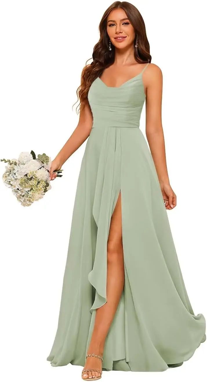 

Cowl Neck Bridesmaid Dresses Long with Slit Spaghetti Straps A-line Chiffon Formal Dresses with Pockets Evening Dresses