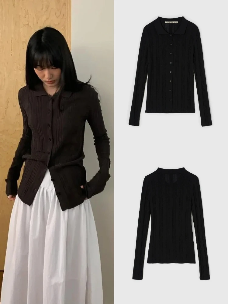 

Sle Lfm Turn-down Collar Knitted Open Cardigan Women's Slimming Versatile Long Sve ort Length Top