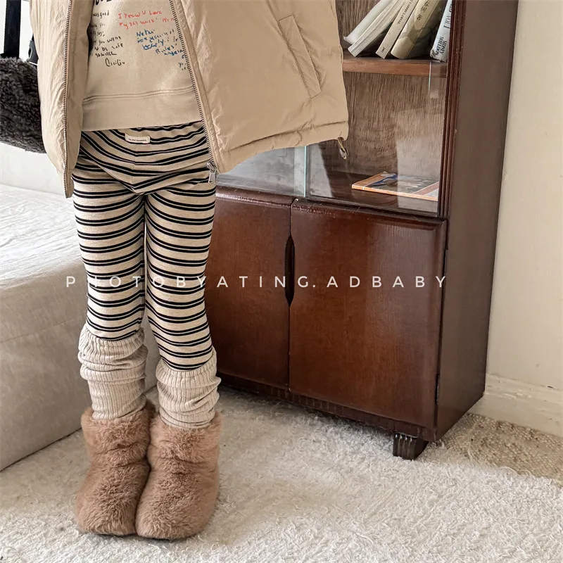 

2025 Winter New Children Striped Splicing Fleece Leggings Cotton Girls Casual Elastic Pants Plus Velvet Thick Kids Warm Trousers