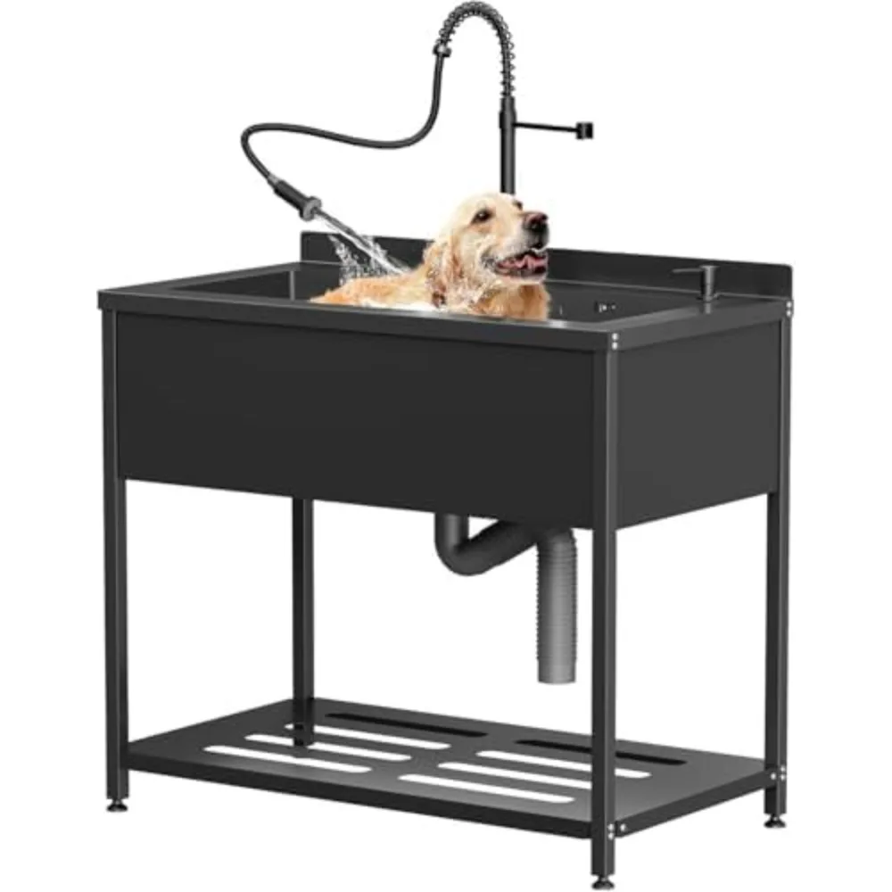 Stainless Steel Large Utility Sink, 41.7 × 23.2 × 38.9 Freestanding Sink with Cold and Hot Water Faucet,Hoses and Drain Kit