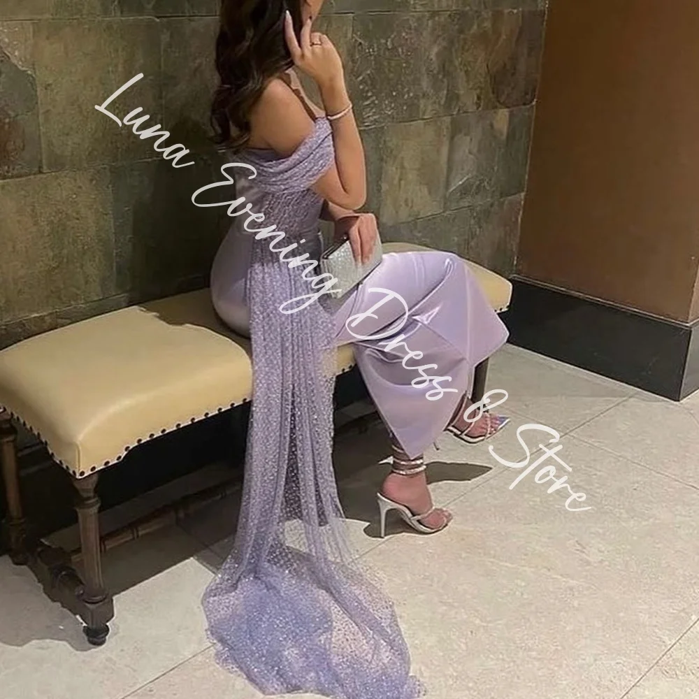 Customized Fashion Satin Straight Off the Shoulder Sequined Evening Dress Strapless Short Sleeves Panel Train Photo Color