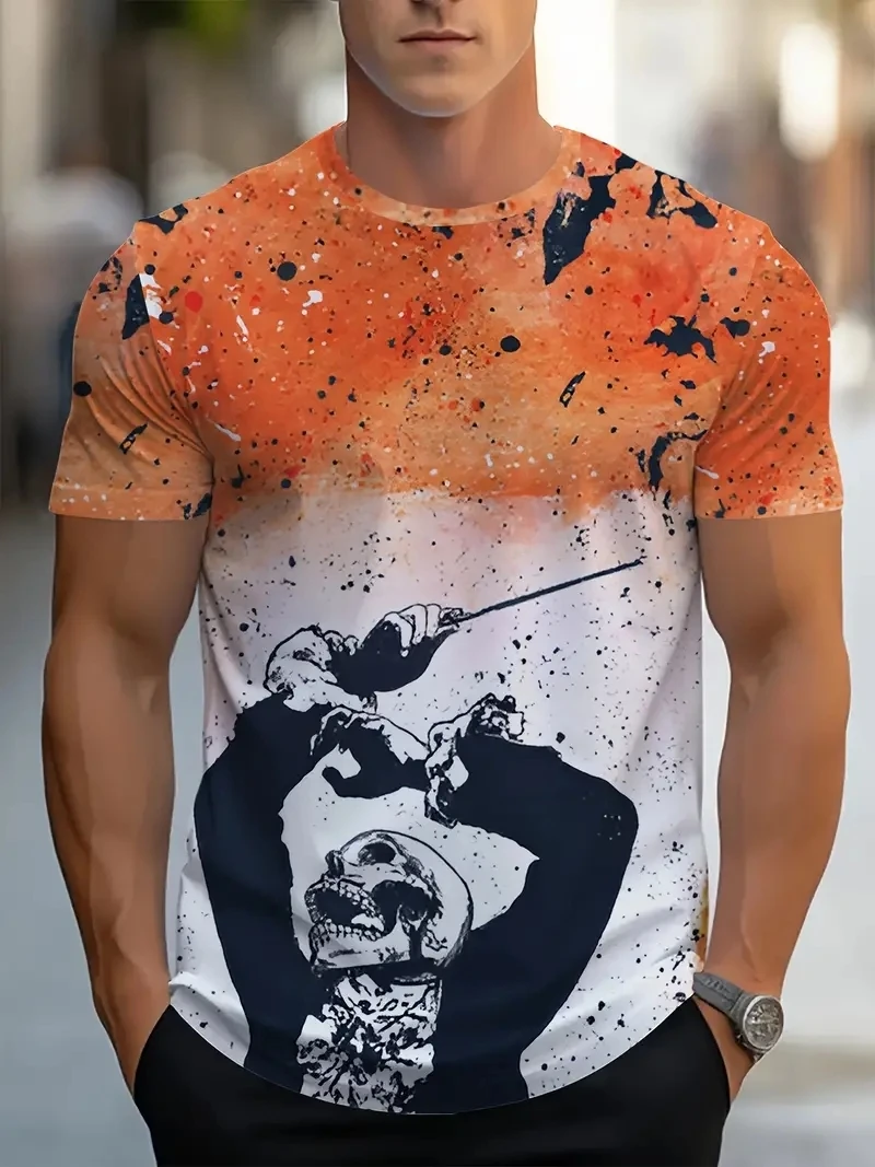

Skeleton Music Director T-Shirt For Men's Casual Gradient Color Round Neck Tee For Summer Oversized Short Sleeve Male Clothing