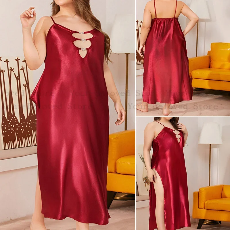 

Fat Big Size 3Xl 4Xl 5Xl Nightgown Women Ice Silk Sleepwear Fashion Hollow Out Lingerie Lady Imitation Silk Suspender Nightdress