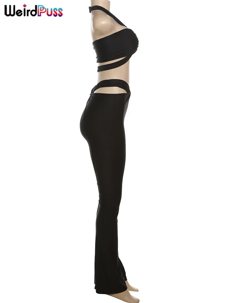 แปลกPussเซ็กซี่ 2 ชิ้นชุดชุดสตรีHipster Halter Crossห่อCamisole + Ruched HollowกางเกงขายาวStreetฤดูร้อนการจับคู่ชุด