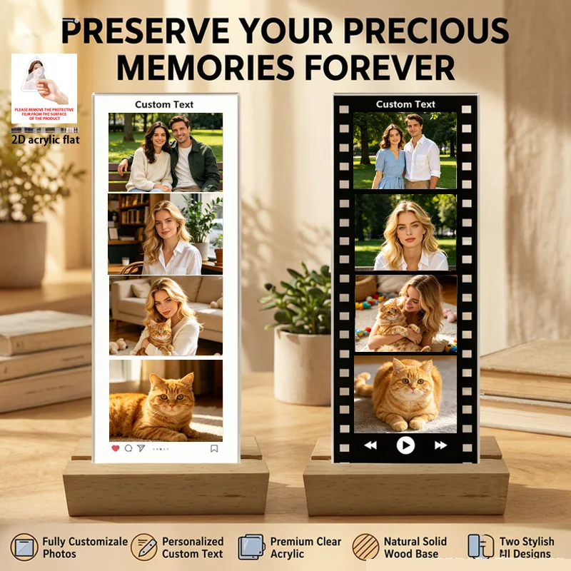 Support photo personnalisé en acrylique avec base en bois, 4 photos et texte personnalisés, ornement de bureau, cadeau souvenir unique