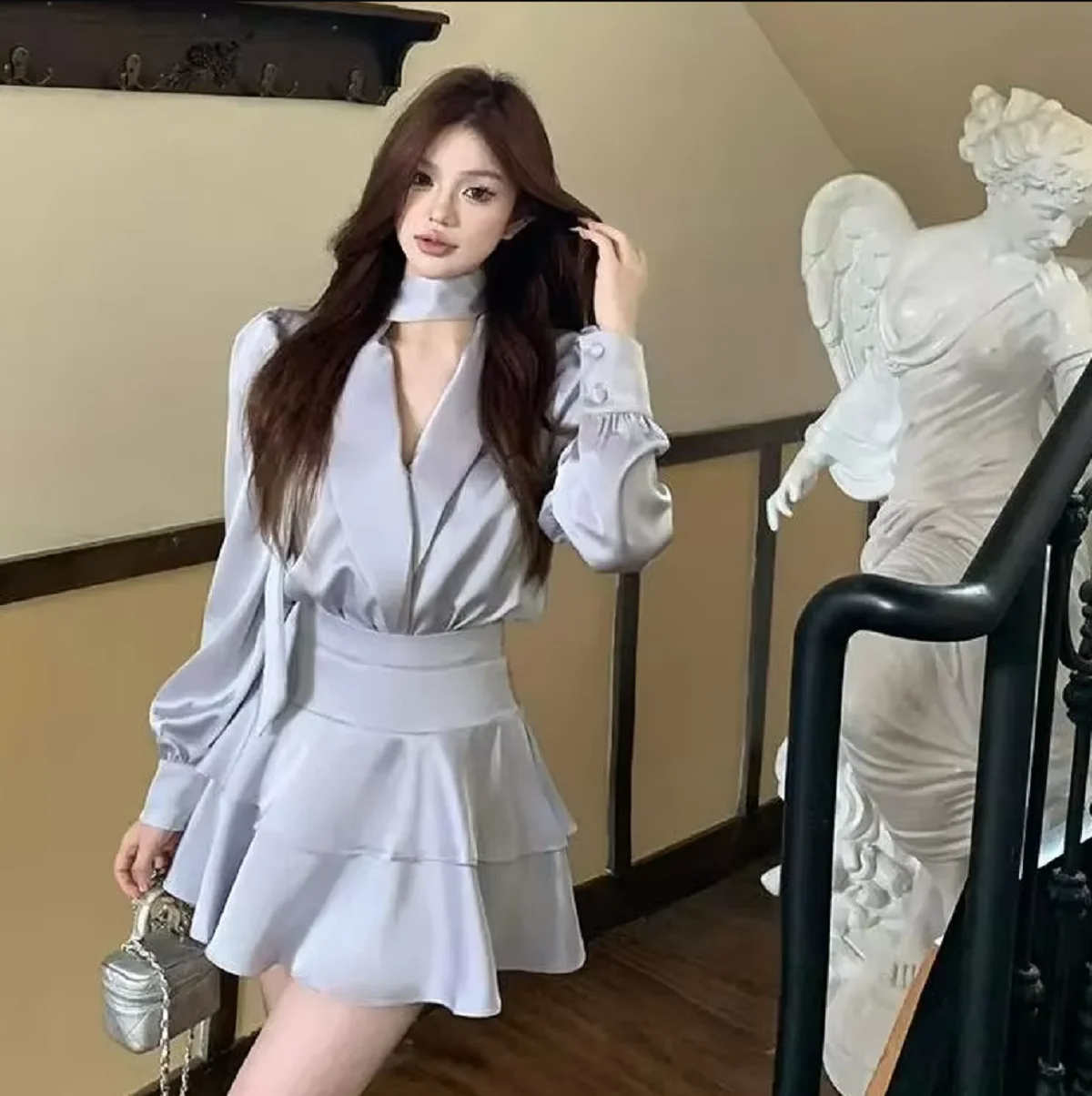 Two-Piece Set With Puff Sleeves Streamers Satin Top Cake Skirt French Style Unique Design Suit Women