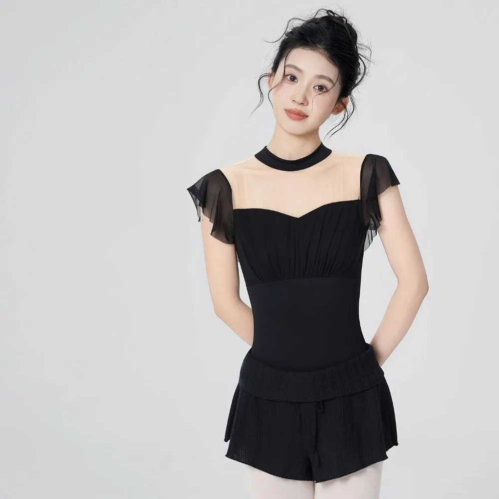 半袖ナイロンバレエドレスプリーツスリムダンスボディスーツメッシュ高弾性バレエレオタード大人用