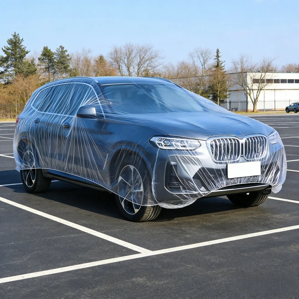 1 Stück Einweg-Transparente Autoabdeckung Universelle PEVA Staubdichte Kratzfeste Elastische Staubschutzhülle Auto-Außenschutz Zubehör – Detail 6