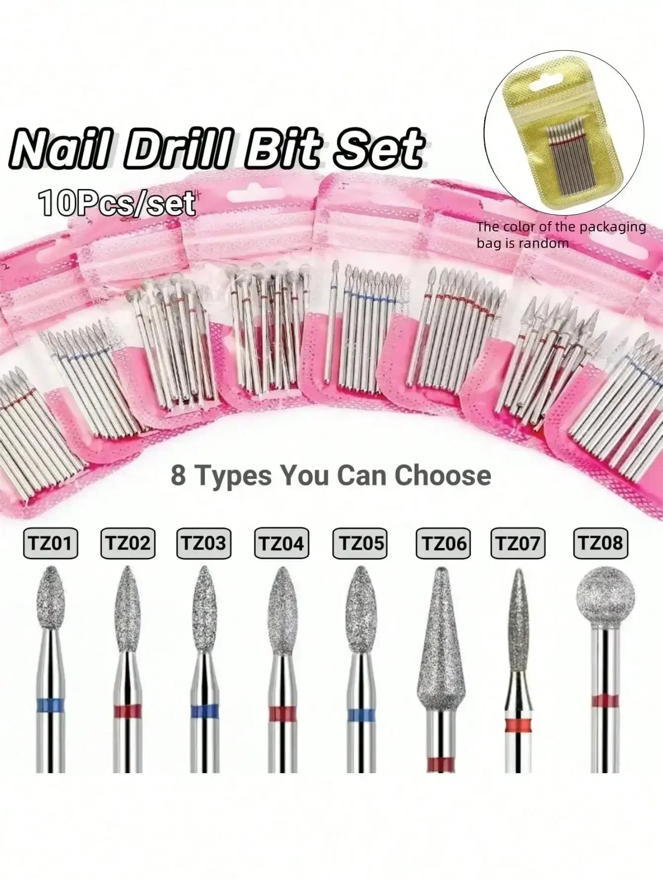 

10-Piece Diamond Nail Drill Kit, Nail Diamond Milling Bit, For Manicure, 3/32 Inch Burr Electric Nail File, Cuticle Removal Tool, Nail Machine File