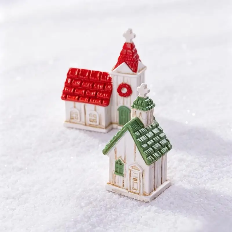 Green/Red Roof House Miniature Model Mini Resin Christmas Village Church Figurines Garden Scene Ornament Photography Prop