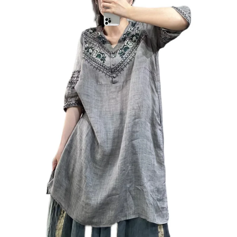 Artistic Vintage Ethnic Embroidered Loose V-Ne Linen Dr Women's Mid-Length A-Line Skirt Sle Commute Faion Dr