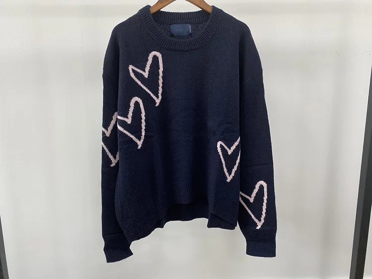 Cashmere Pullover Female Loose Navy Blue Sweaters Women Casual Crew Neck Sweater Fashion Love Pattern Winter Knitwear Tops