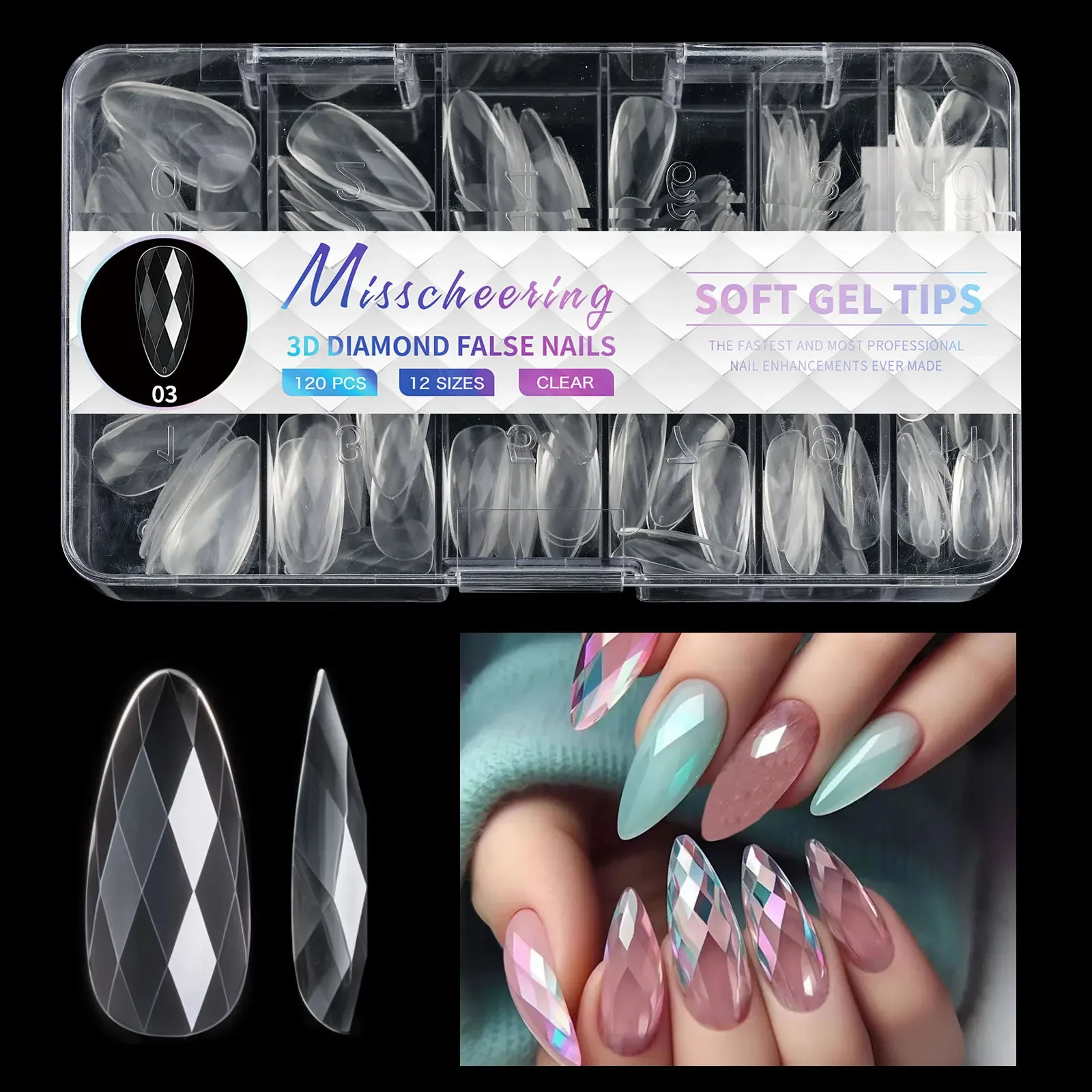 

1Box 3D Diamond Irregularly False Nails Almond Ballet DIY Press On Tips Fake Nail Manicure Tools