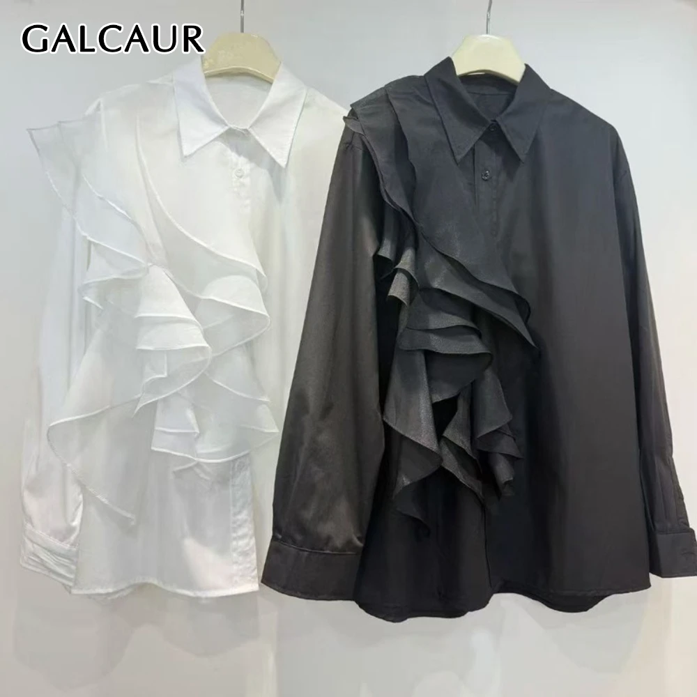 

GALCAUR однотонная рубашка нестандартной формы с оборками, женская рубашка с лацканами и длинным рукавом, свободные минималистичные элегантные женские рубашки, осенняя мода