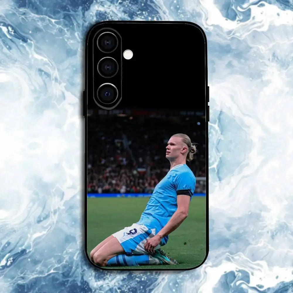 حافظة هاتف كرة القدم E-Erling H-Haaland لهاتف سامسونج جالاكسي A73، A72، A71، A70، A53، A52، A51، أخرى غلاف أسود ناعم