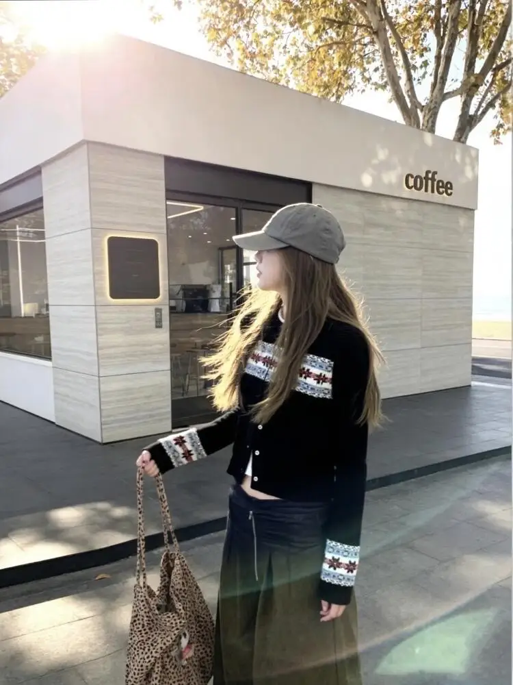 Rétro coréen Sle Fair Isle Color Blo tricoté ouvert Cardigan Long Sve rond Ne pull pour femme vêtements d'extérieur pour l'automne Wi...