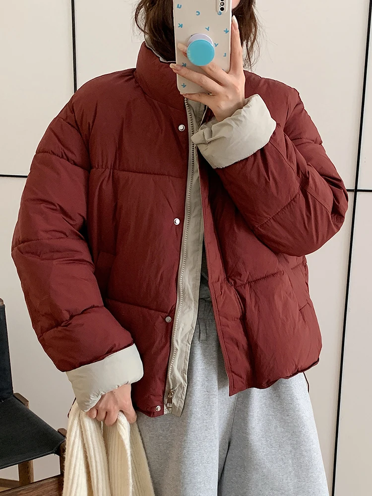 Koreanische Süße Warme Parkas Frauen Mode Langarm Winter Dicke Baumwolle Mantel Beiläufige Lose Stehkragen Taschen Weibliche Chic Jacke