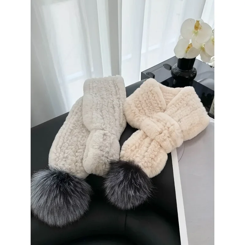 Rex rabbit hair woven short scarf fox hair ball warm fur scarf autumn and winter Korean version solid color soft scarf