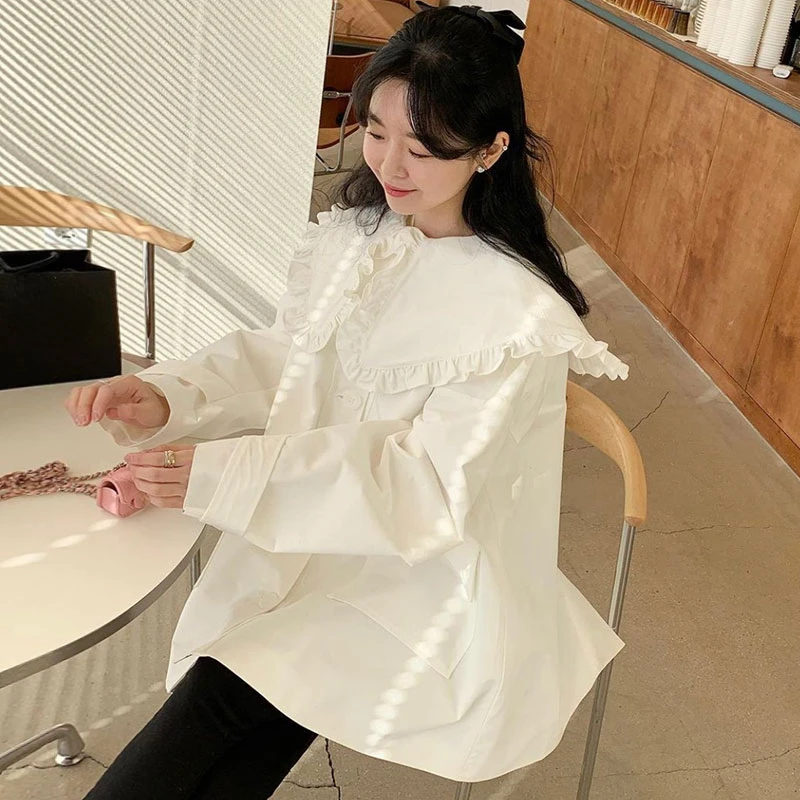 Matakawa Peter Pan Collar Solid Women Shirts Korean Chic Autumn Loose Blusas Mujer Single Breasted Sweet Ruffles Blouse Elegant