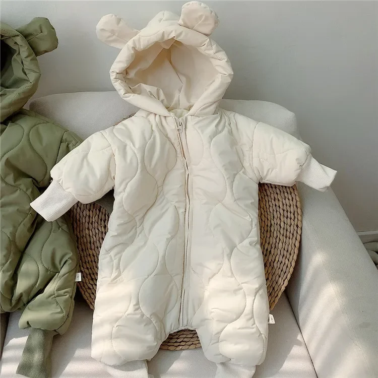 Korean Baby Flying One-piece Cotton Coat Baby Thick Warm Outdoor Clothes Winter Zipper Solid Hooded Rompers