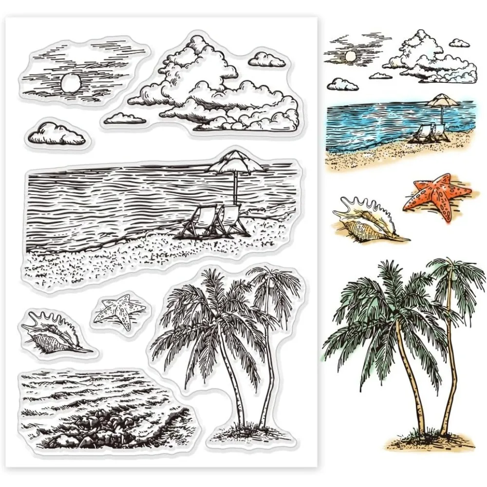 Summer Beach Clear Stamps, PVC Plastic Transparent Stamps Sunset Vacation Beach Stamps Greeting Card Stamp Sealed Stamp