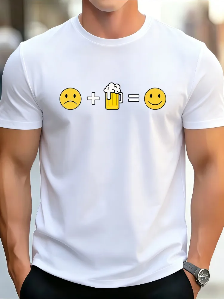 Mens Soft Cotton Tee Sad Beer Mug Emoji Equals Happy Face Short Sleeve Casual Beer Lover Top Gift For Dad Daily Bar Outfit Wear