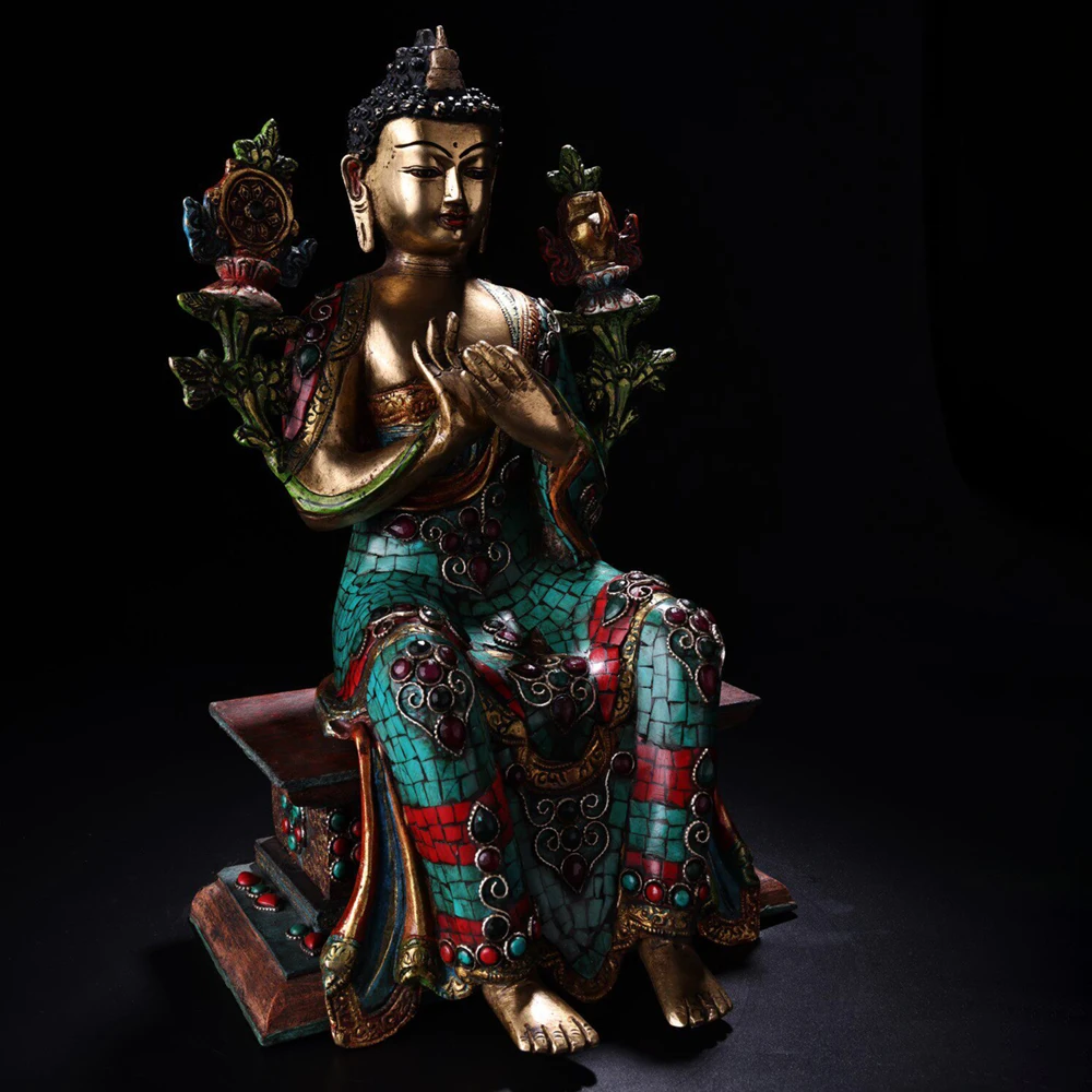 Antique Old Bronze Inlaid Gemstone Painted Shakyamuni Buddha Statue Serene Face Heavy Patina Fine Craftsmanship Home Decor