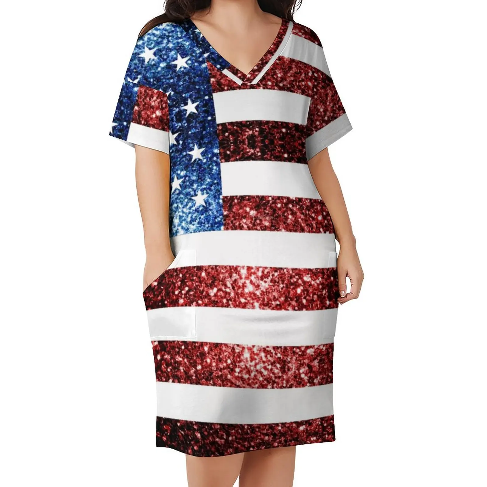 American Flag Red Blue Dress V Neck Faux Sparkles Glitters Trendy Sexy Dresses Basic Print Casual Dress With Pocket Big Size 5XL