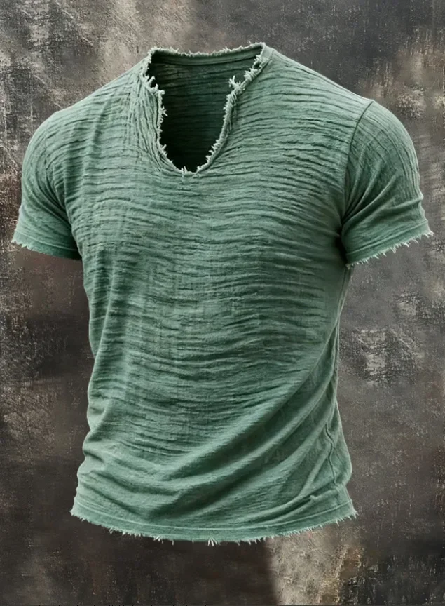 Herren T-Shirt mit V-Ausschnitt, kurzem Arm, ausgefranster Optik, faltiger Textur, 100% Baumwolle, einfarbig, minimalistisch, lässig, für den Alltag. – Detail 6