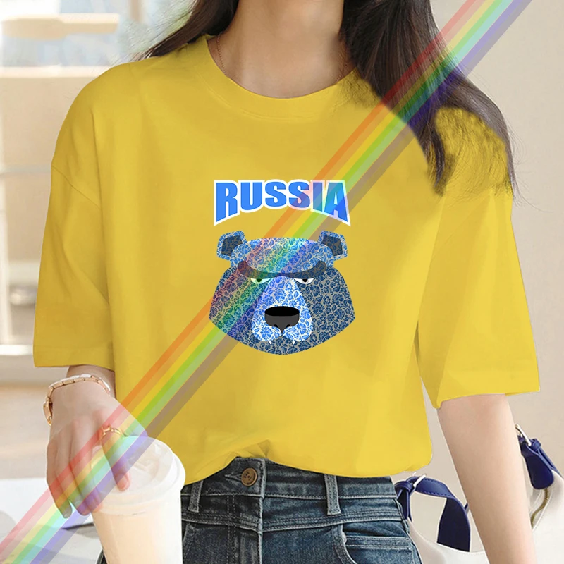 Luksusowa marka moda rosja głowa niedźwiedzia z nadrukiem wycięcie pod szyją odzież z krótkim rękawem T-Shirt Trend damski letni top Y2K