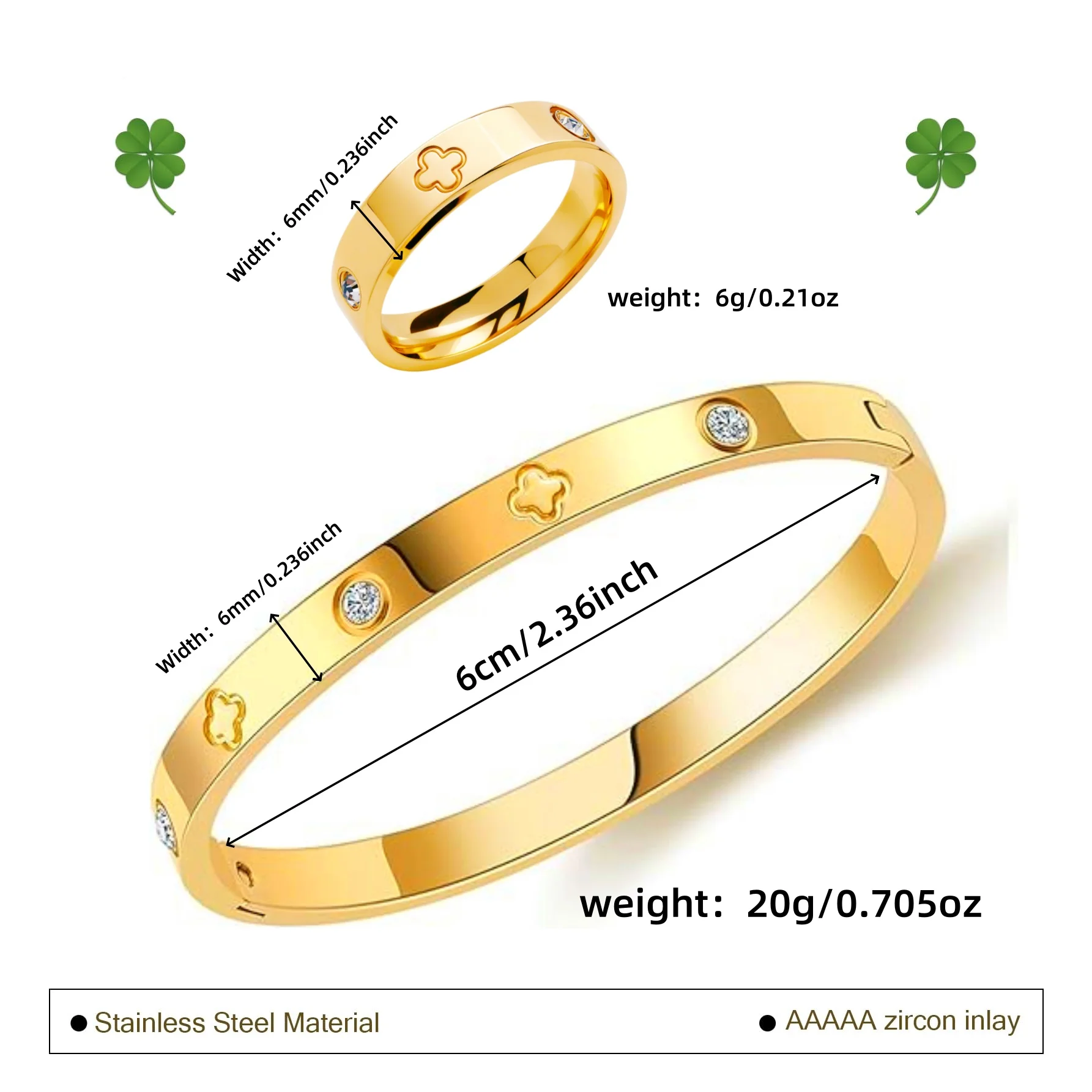 Lucky five-leaf clover bracelet and ring set, five-leaf clover zircon ring bracelet, flower chain bracelet set, Valentine's Day