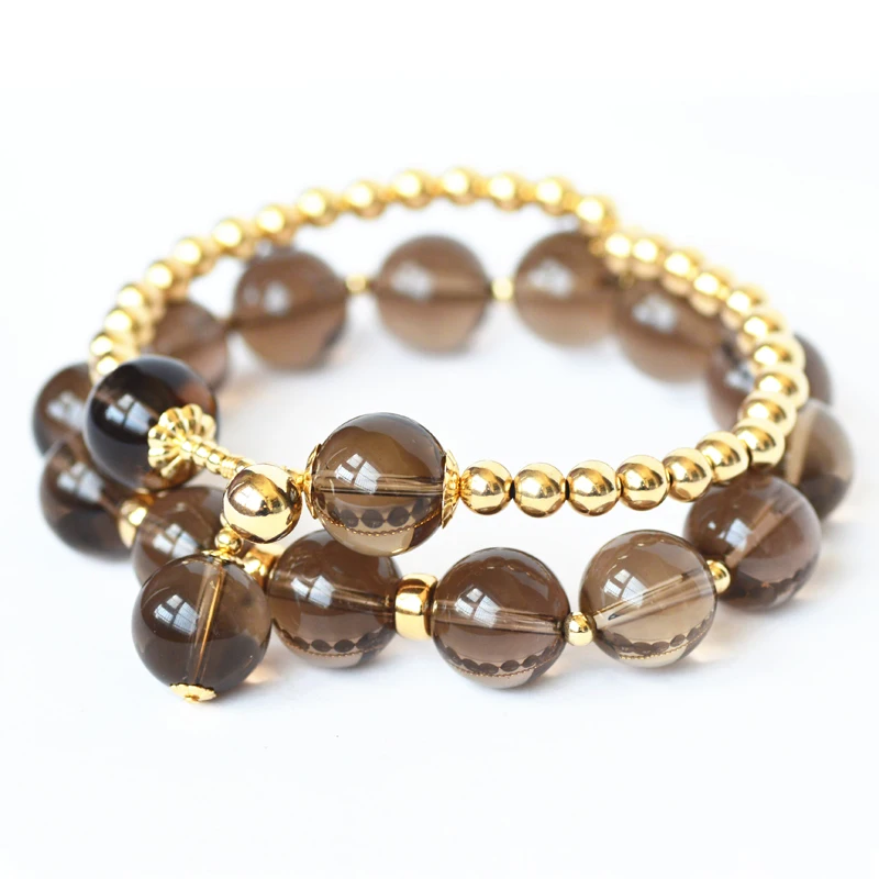 Original 14k Gold Real Gold Bracelet Big Bead Multi-circle Gold Light Luxury Natural Smoke Crystal Tea Crystal Bracelet Color Pr