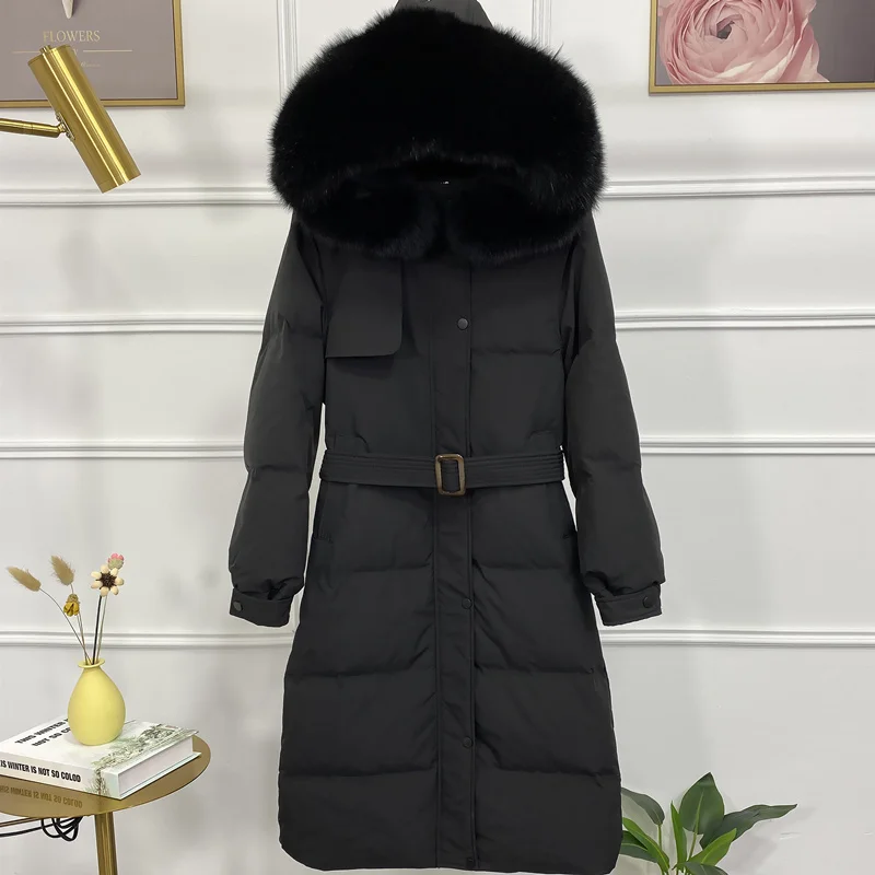 Chaqueta de plumón de pato con capucha para mujer, abrigo largo grueso, cuello de piel de zorro Real, Parkas de plumas, ropa de invierno para mujer