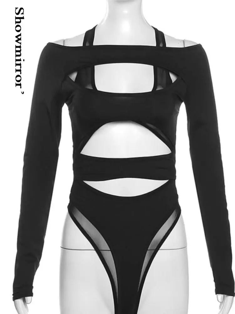 Gothic Harajuku Bodysuit Women Y2K Clothes Punk Hollow Out Sexy Bodysuits Mall Bodycon Mesh Sheer T-shirts Long Sleeve body suit