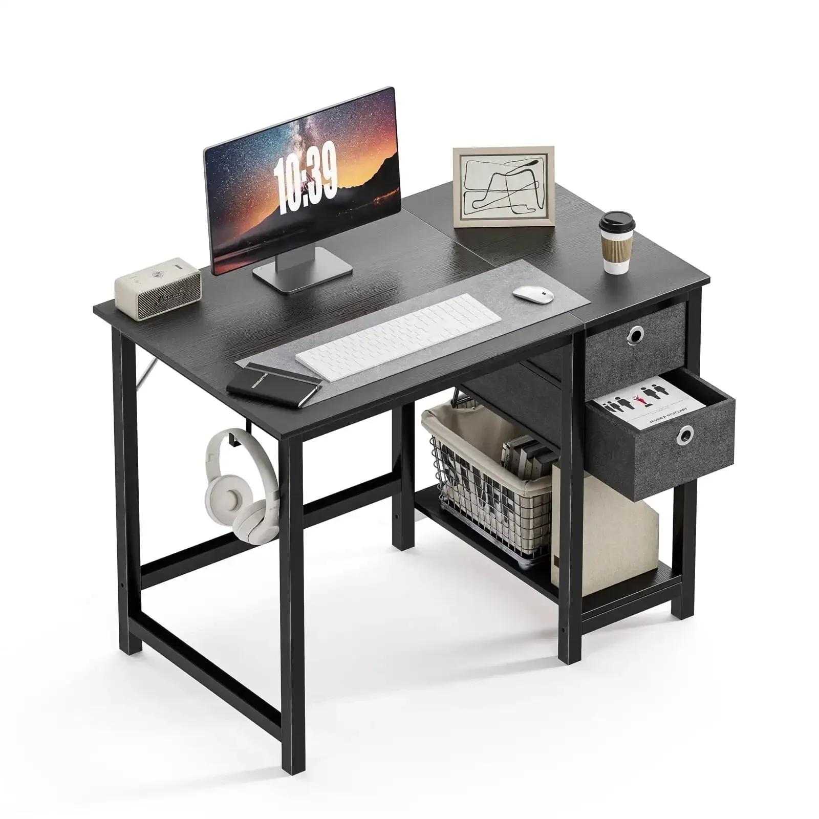 

Computer Desk with Drawer 40 Inch PC Table Study Desk with 2-Tier Drawers Storage Shelf Headphone Hook, Modern Simple Style Desk